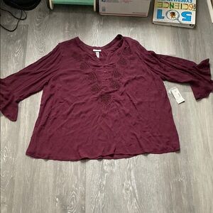 Catherines Rich Wine Embroidered Blouse, NWT, Size 3X